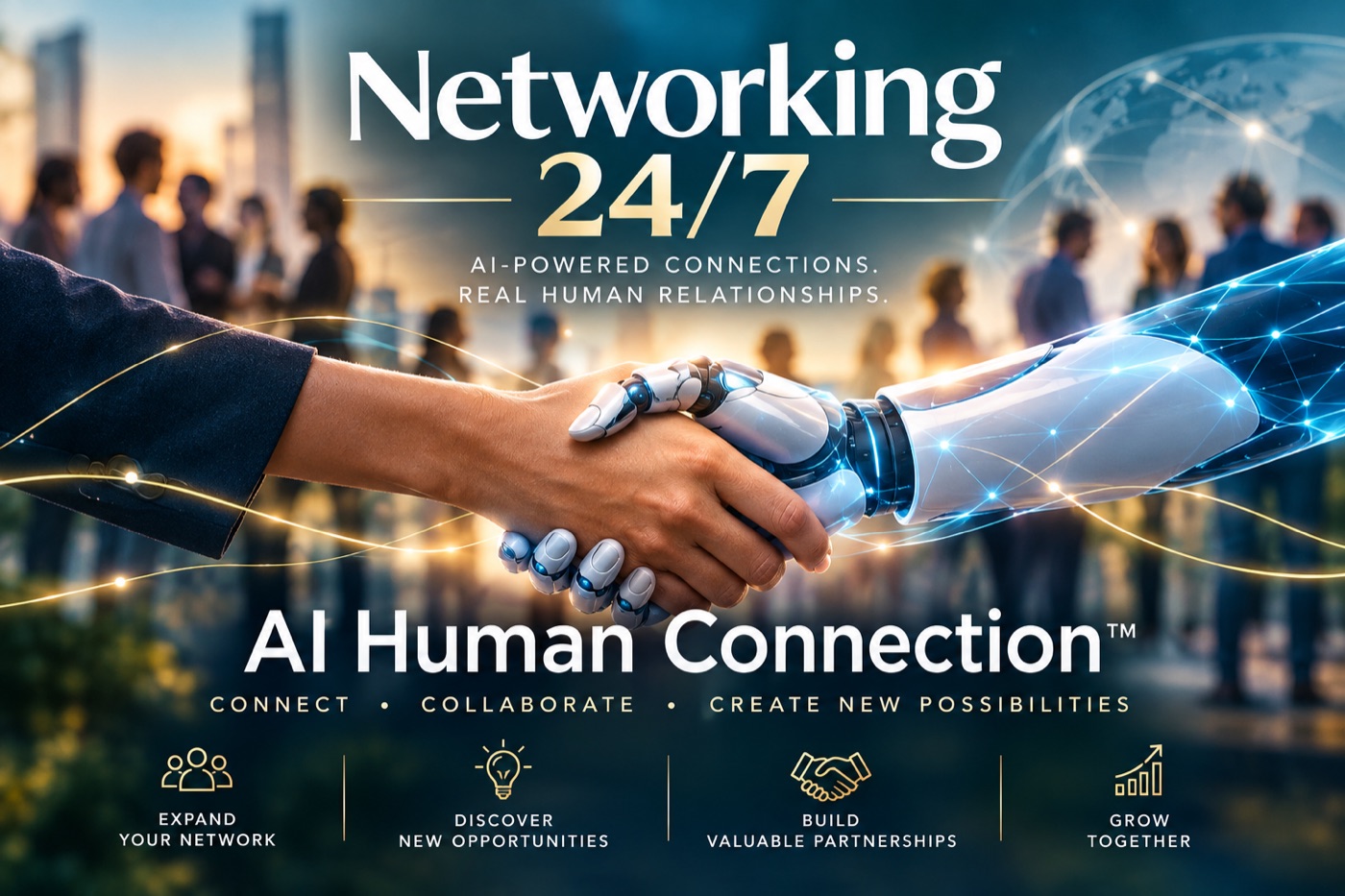 Networking 24/7. AI-powered connections, real human relationships. A human hand and an android hand shake in front of people networking at sunset. AI Human Connection. Connect, collaborate, create new possibilities: expand your network, discover new opportunities, build valuable partnerships, grow together.