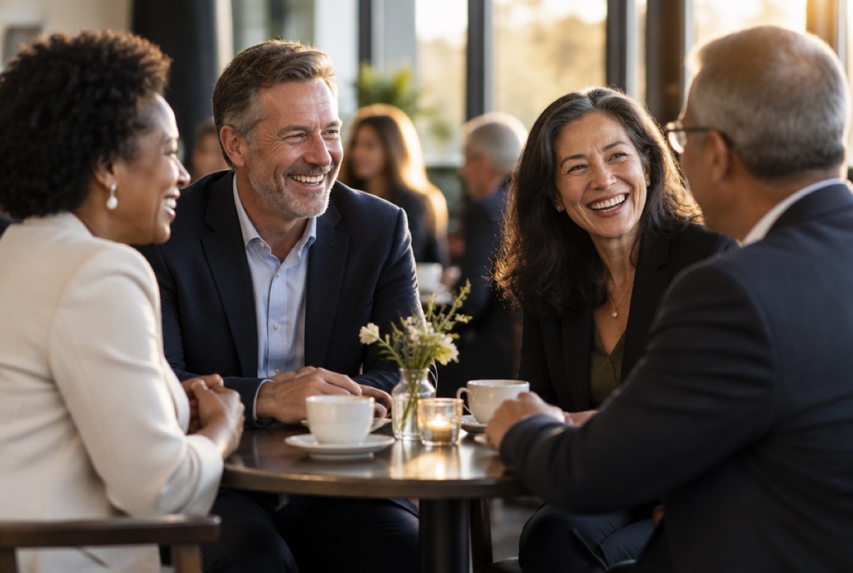 People talking around a cafe table, illustrating a business conversation.